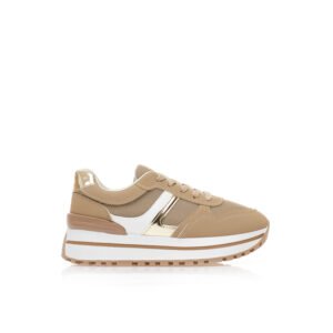 Cigar-colored faux leather sneakers with gold details