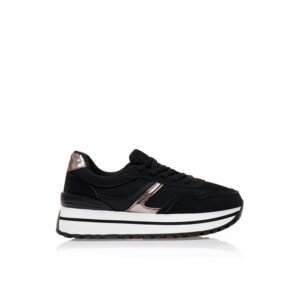 Black faux leather sneakers with anthracite details