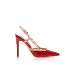 Red patent mules with gold studs and nude details