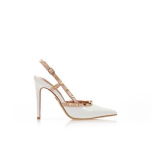 White patent mules with gold studs and nude details