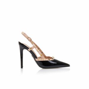 Black patent mules with gold studs and nude details