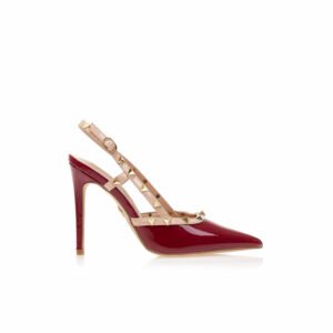 Burgundy patent mules with gold studs and nude details