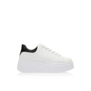 White faux leather platform sneakers with black detail