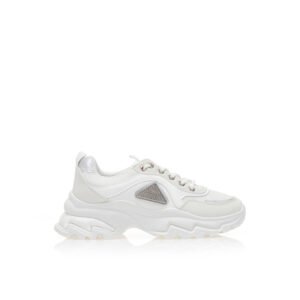 White fabric and suede sneakers with a rhinestone buckle