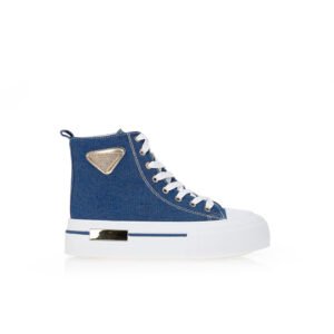 Blue high-top sneakers with gold details